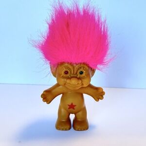Vintage Troll Doll Red & Green Eye Pink Hair‎ Red Star Belly Stamp Wish